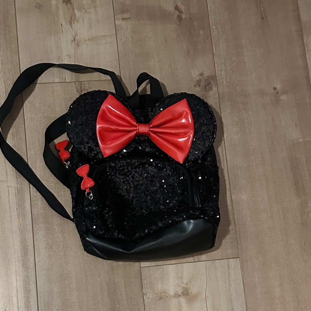 Disney Black Sequin Minnie Ear Backpack with Red Bow